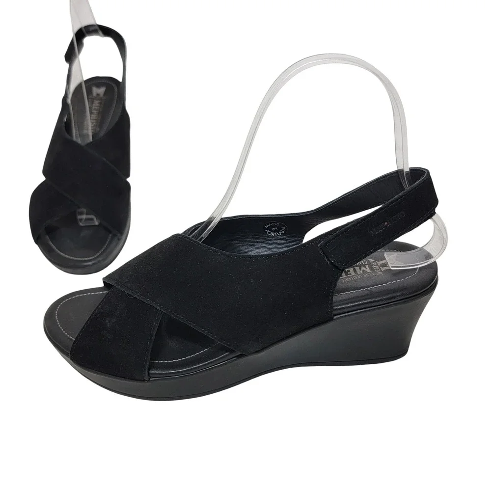 Mephisto Air-Relax‎ Black Suede Wedge Criss Cross Sandals 37 Portugal Slingback